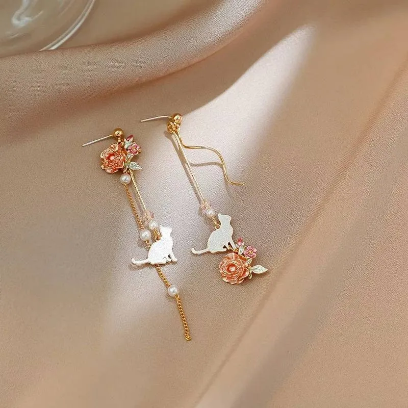 Vintage cat earrings with a rose, earrings, boho, bohemian, vintage earrings, art deco earrings, 1980s, cat earrings, flower