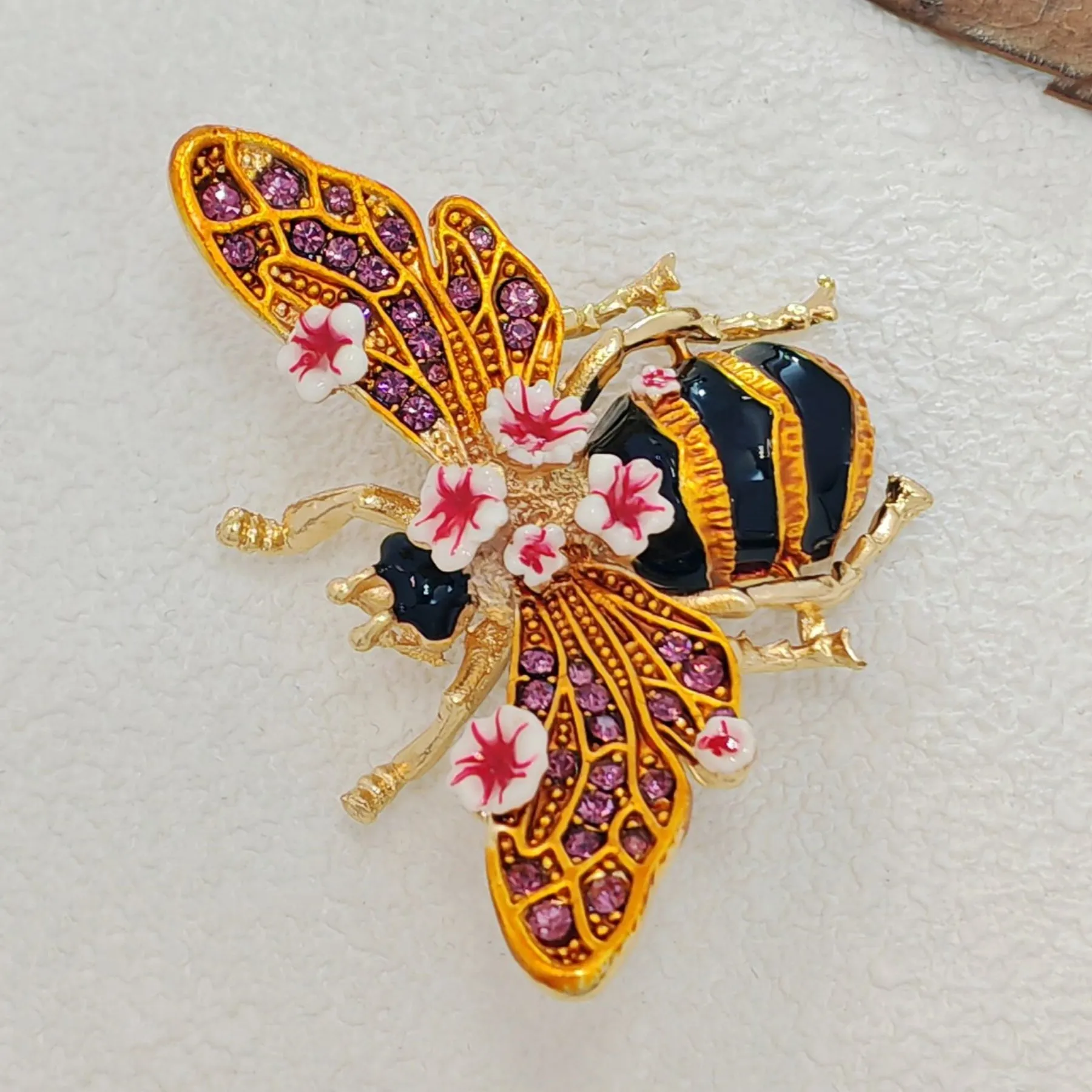 Vintage Enamel Floral Bee Brooch Pin, Wasp Insect Jewelry