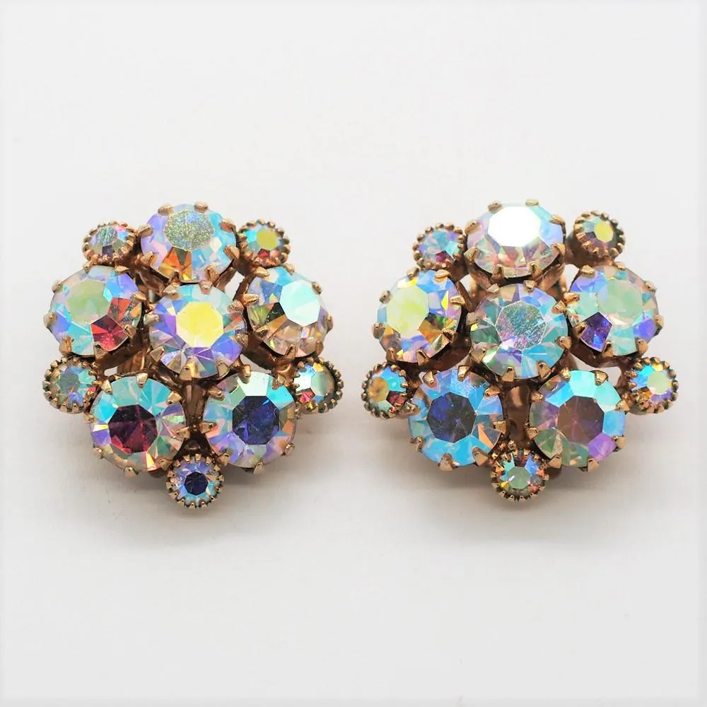 Vintage Weiss "Aurora Borealis" Crystal Rhinestone Clip on Earrings & Matching Necklace