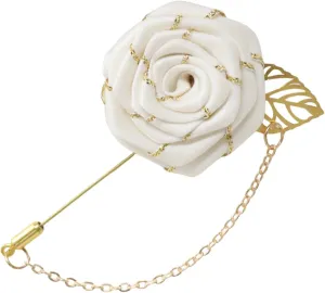 yueton 1 Pack Men White Rose Flower Gold Leaf Brooch Men Suits Lapel Pin Bridegroom Floral Pins Simple White Flower Brooch for Wedding, Party